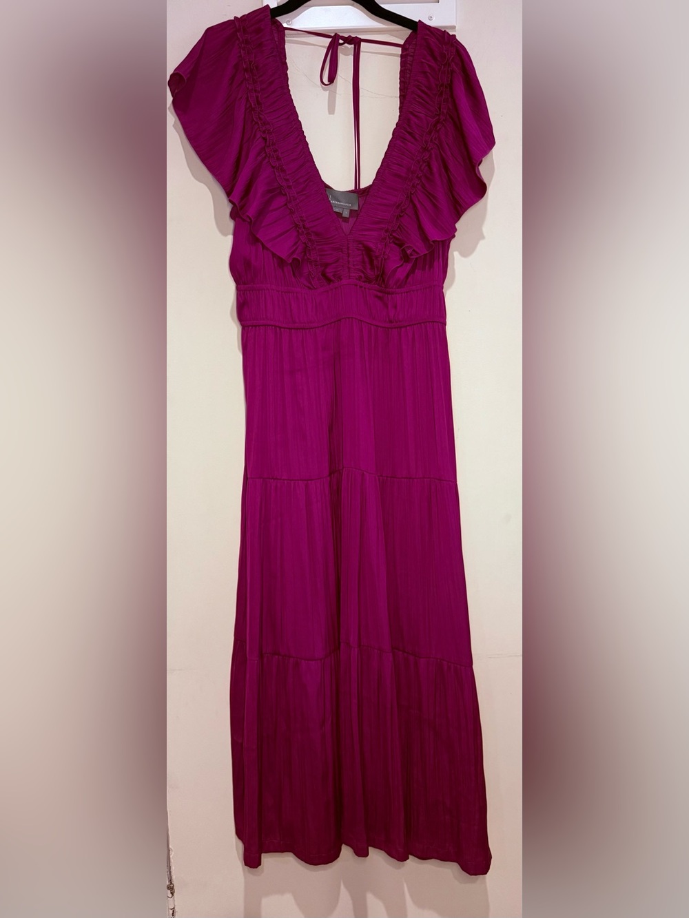 Anthropologie Fuchsia Ruffle V‑Neck Maxi Dress